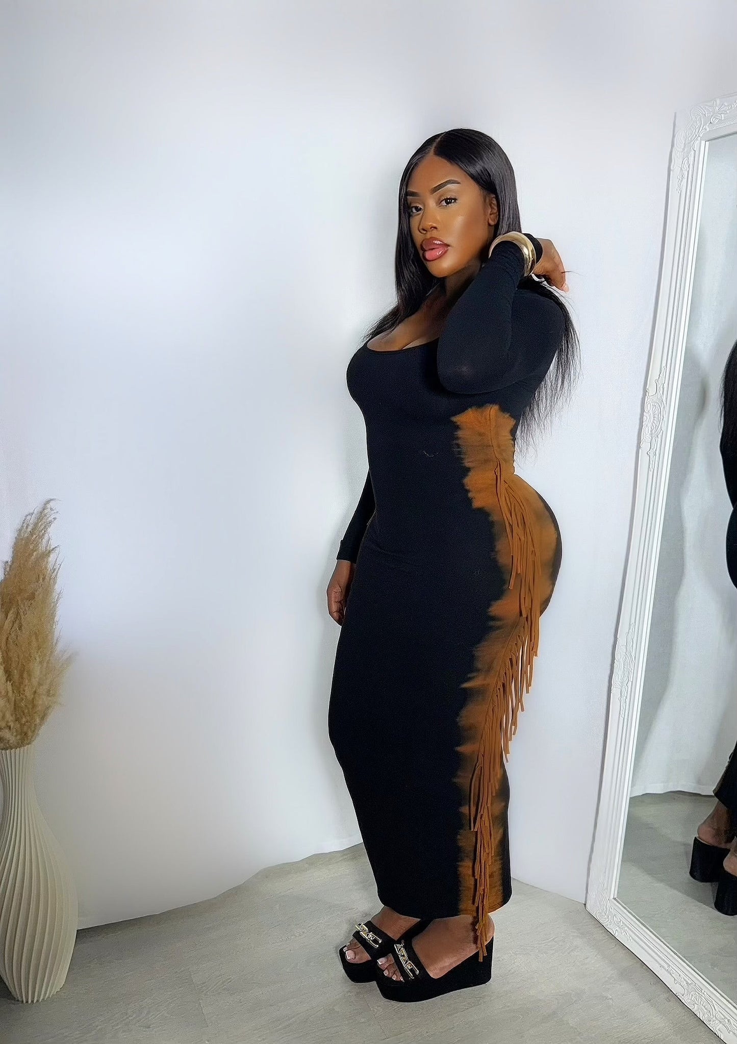 African Babe Fringe Maxi Dress - Black