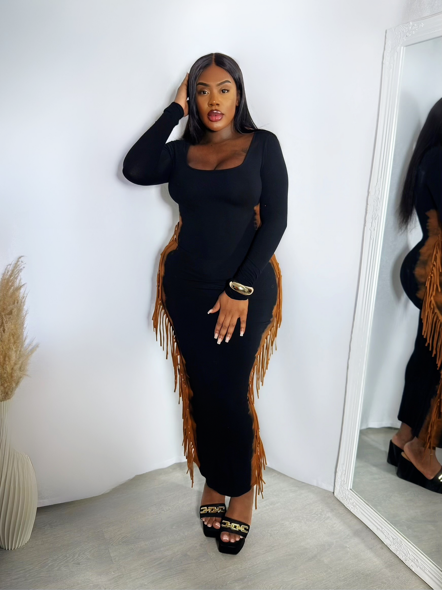 African Babe Fringe Maxi Dress - Black