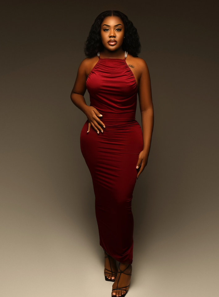 Backless Pearl Trimmed Maxi Dress - Red