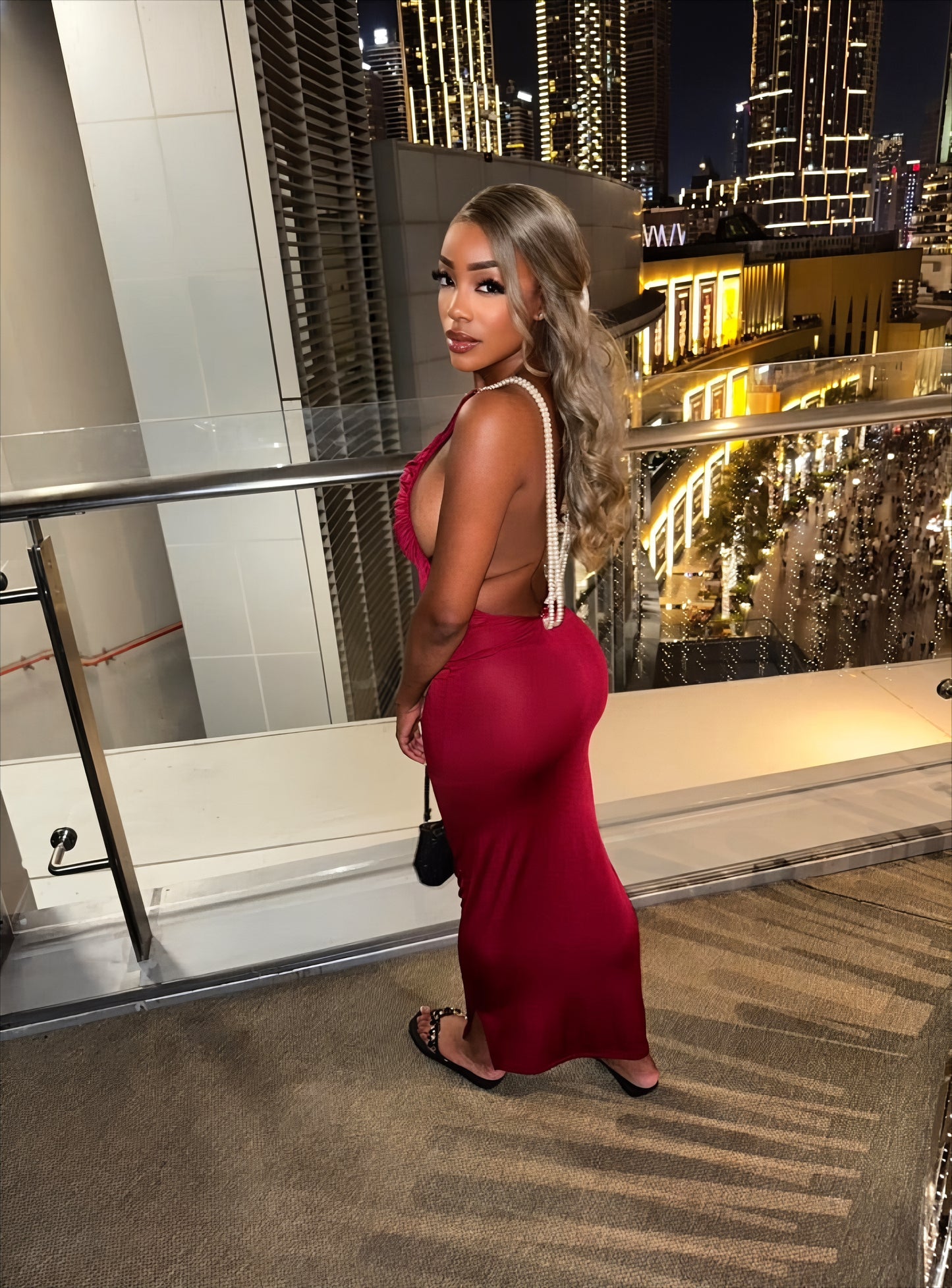 Backless Pearl Trimmed Maxi Dress - Red
