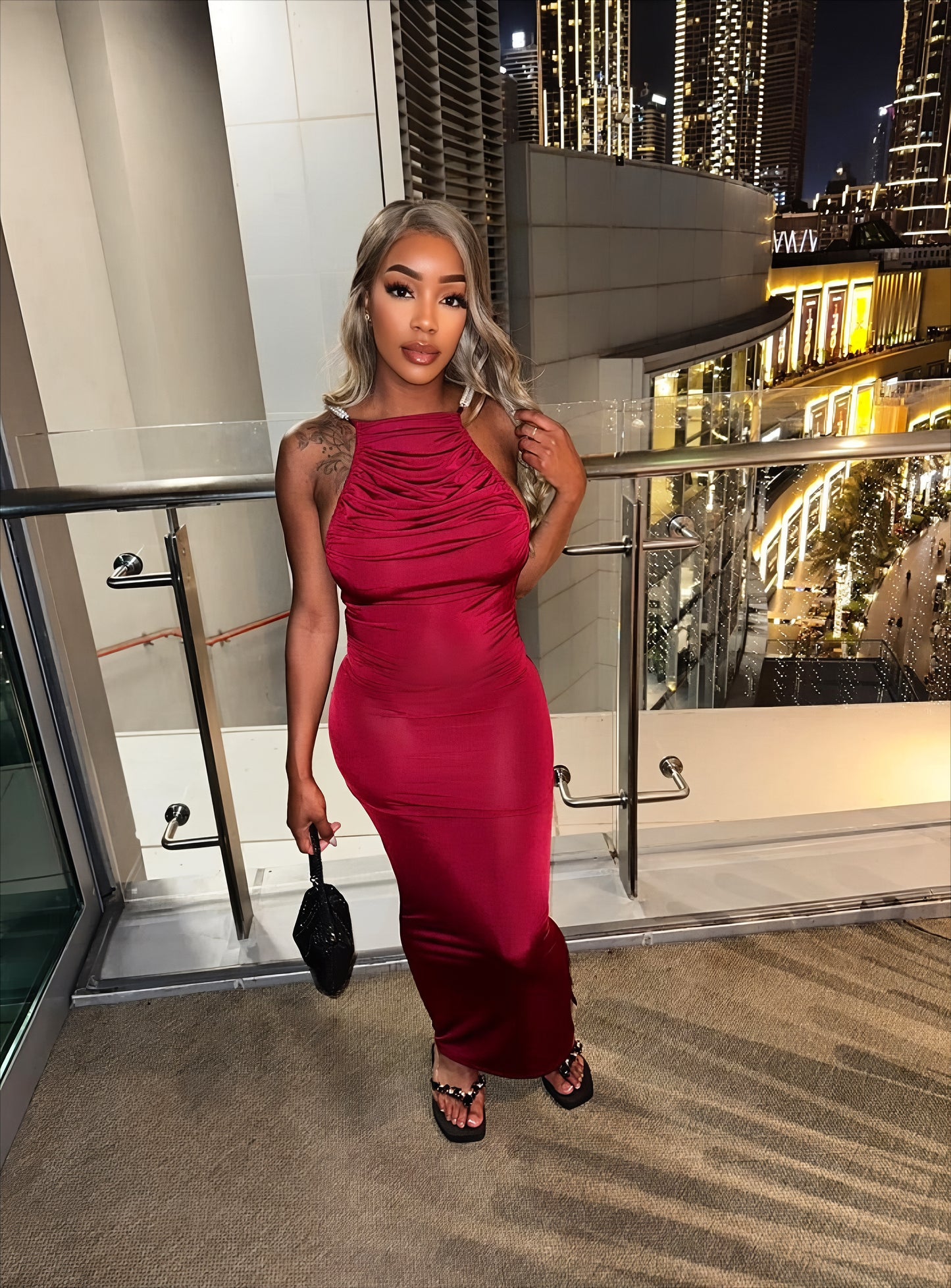 Backless Pearl Trimmed Maxi Dress - Red