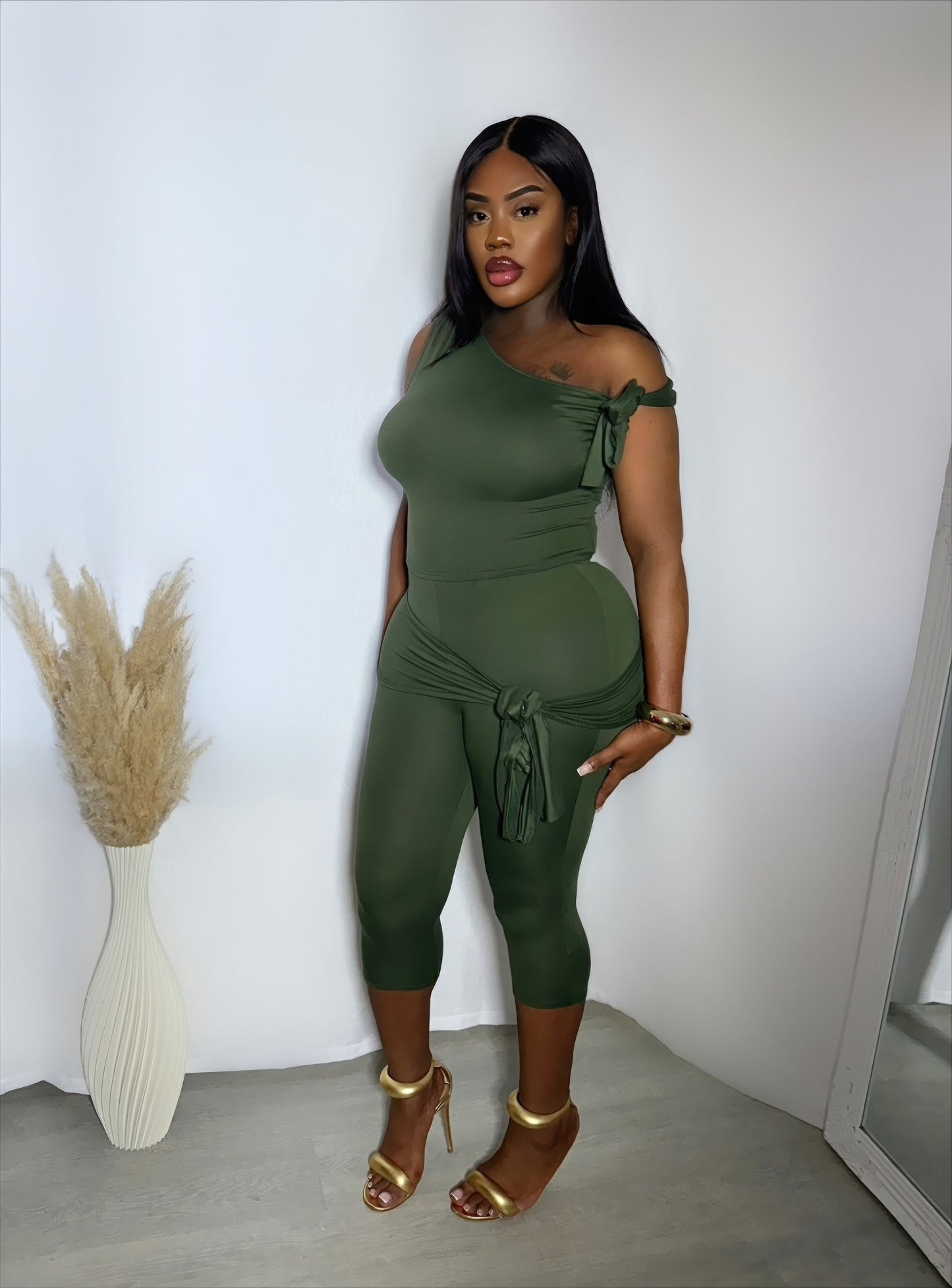 All Tied Up Shirt And Pant Set-Green