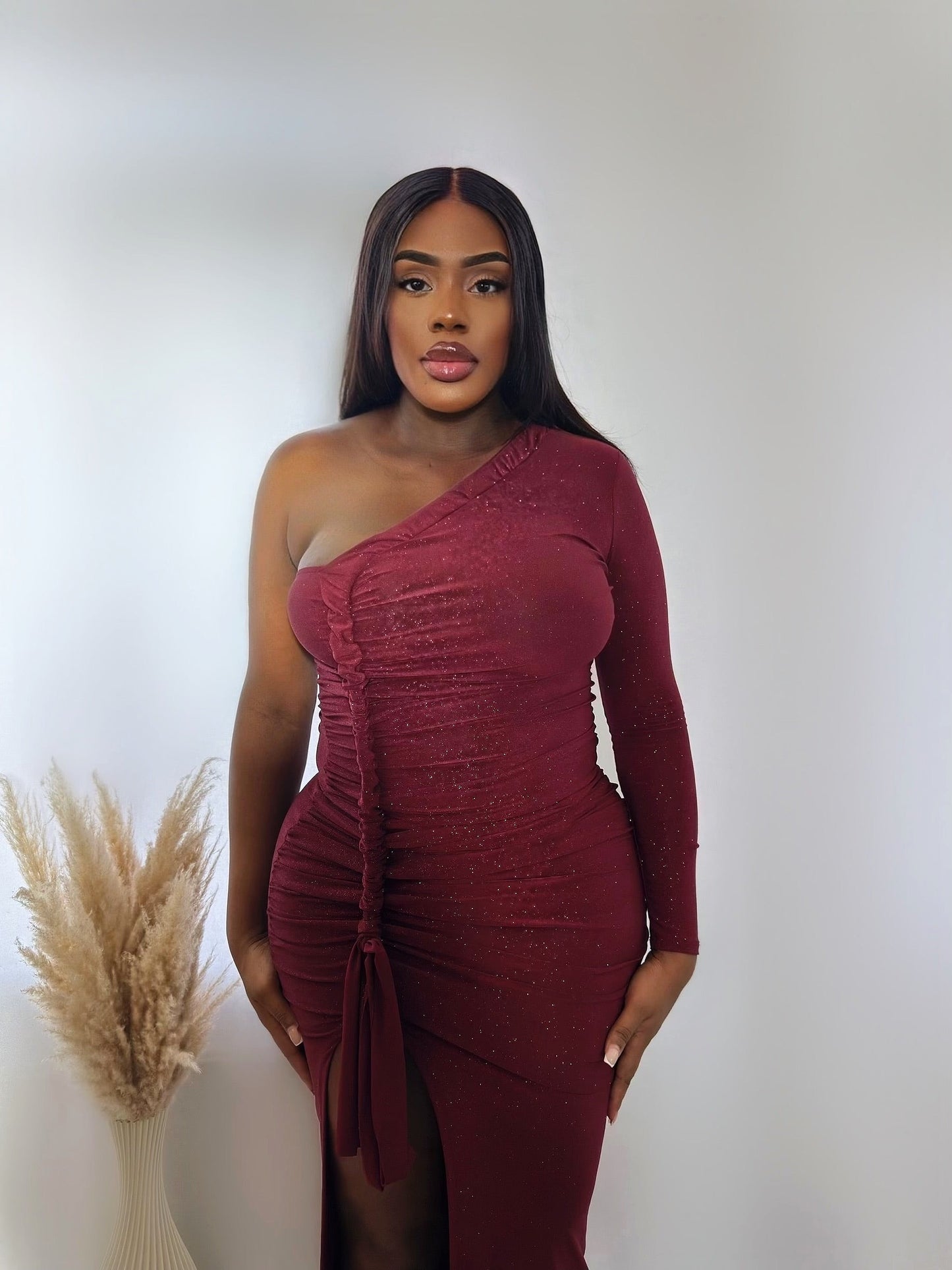 Chloë Ruched Midi Dress With Slit- Red