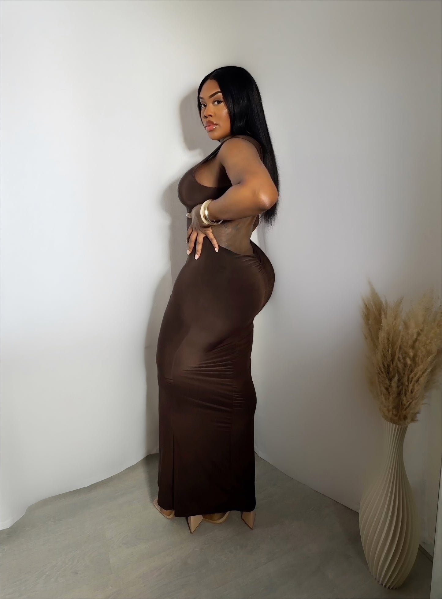 Fearless Backless Ruched Maxi Dress - Brown