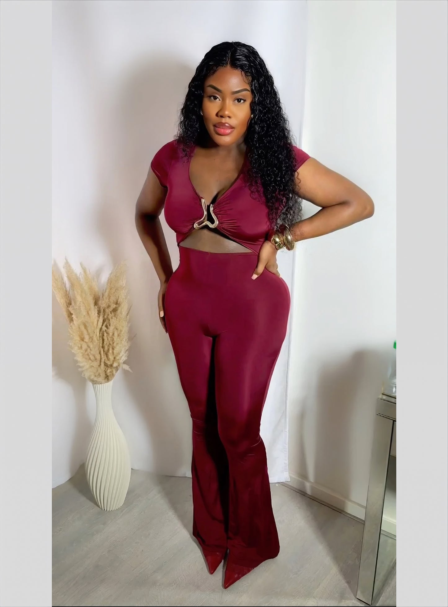 Dare to Stare Short Sleeve Jumpsuit - Burgundy