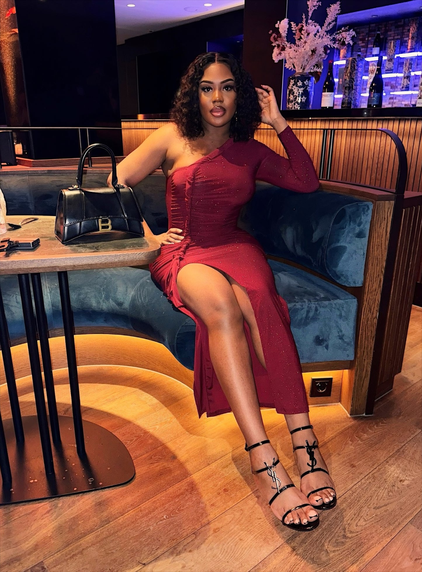 Chloë Ruched Midi Dress With Slit- Red