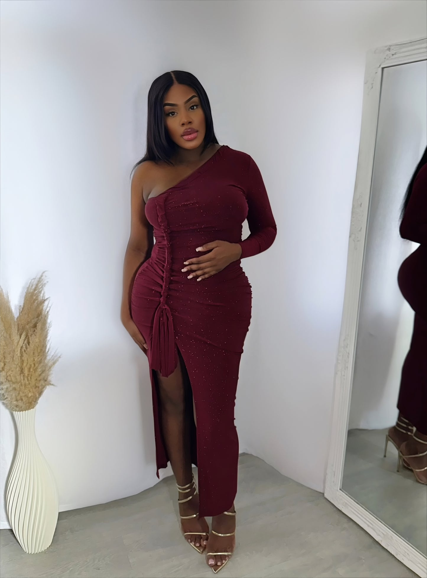 Chloë Ruched Midi Dress With Slit- Red