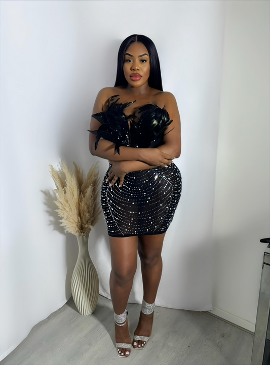 Luxurious Feather Midi Dress- Black