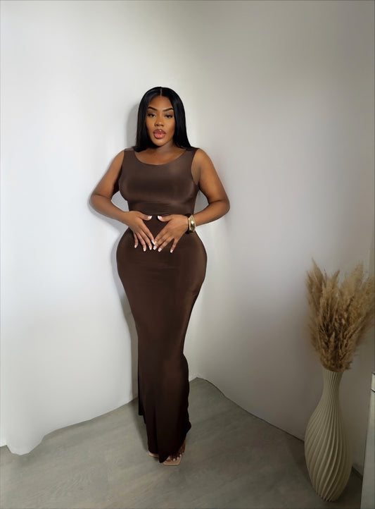 Fearless Backless Ruched Maxi Dress - Brown